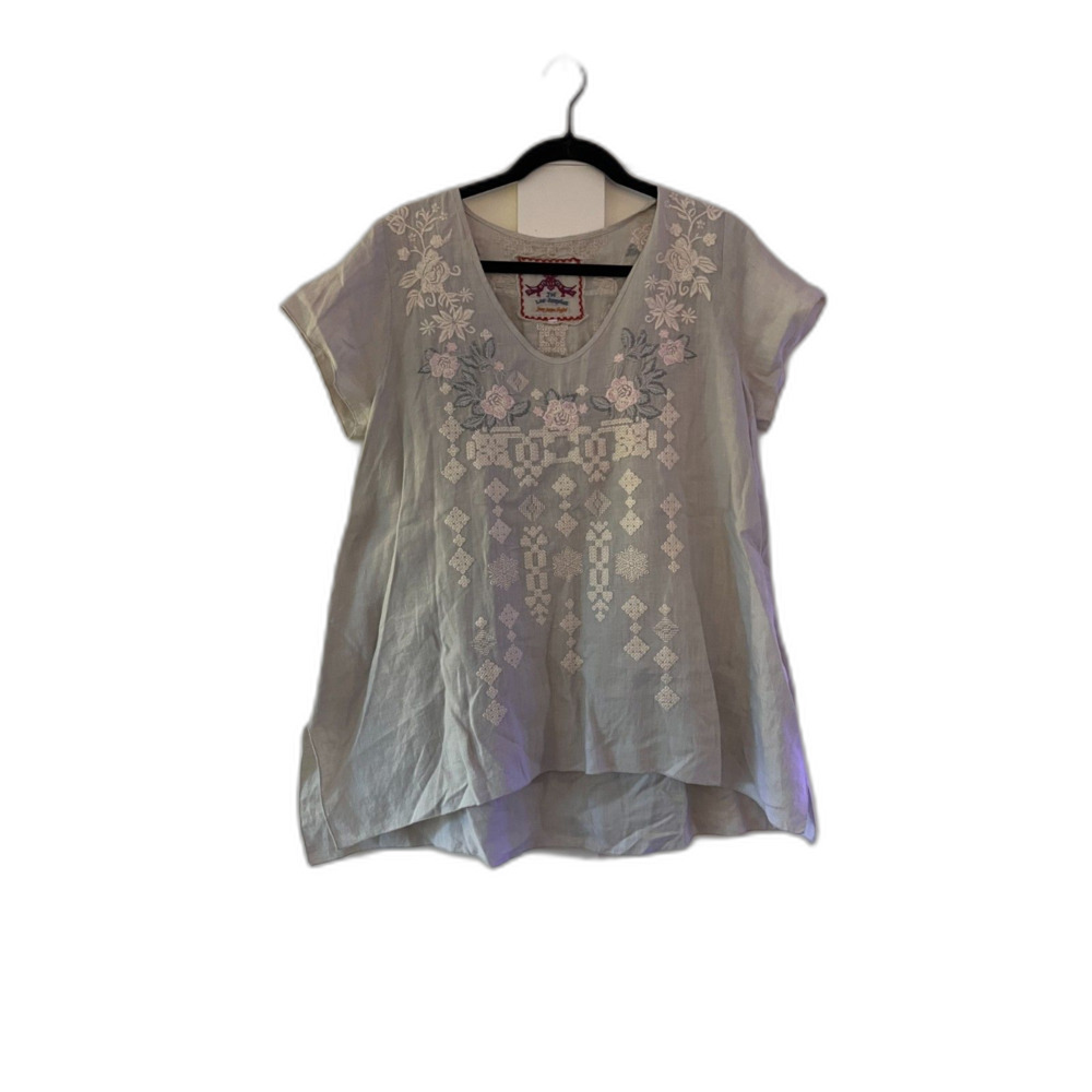 JW Los Angeles Johnny Was Embroidered Linen Tunic Top Gray Pink Boho - Size L